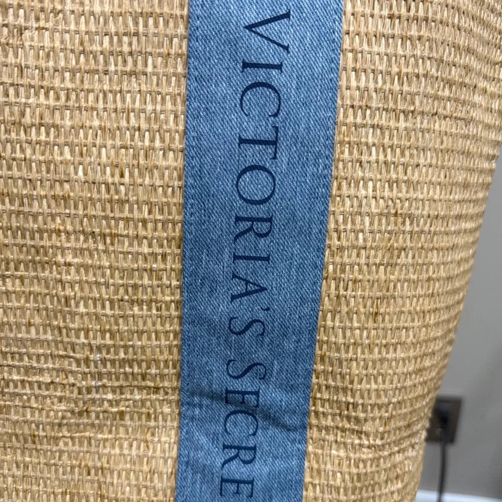 Victoria's Secret Tan Blue Tote Woven Straw Denim Logo Women's OS